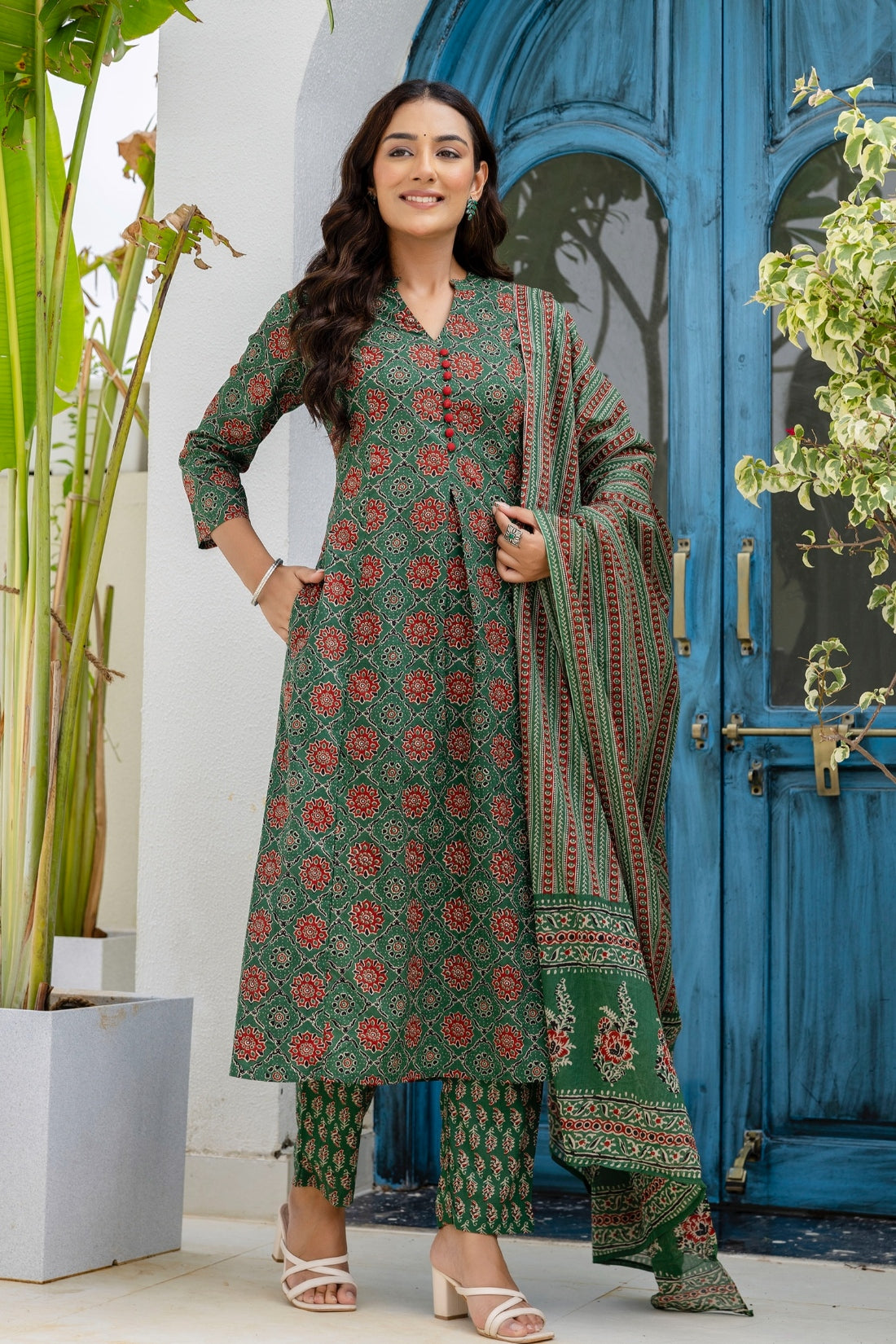 Green Ajrakh Print A-line Suit set with Trousers and Dupatta