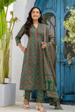 Green Ajrakh Print A-line Suit set with Trousers and Dupatta