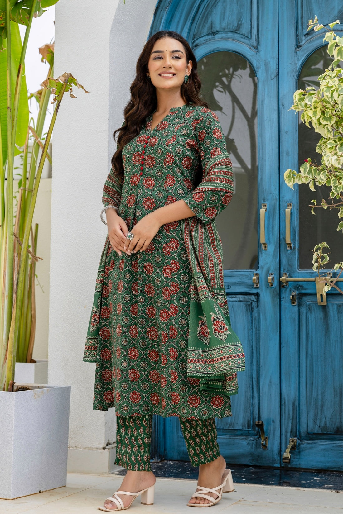 Green Ajrakh Print A-line Suit set with Trousers and Dupatta