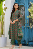 Green Ajrakh Print A-line Suit set with Trousers and Dupatta