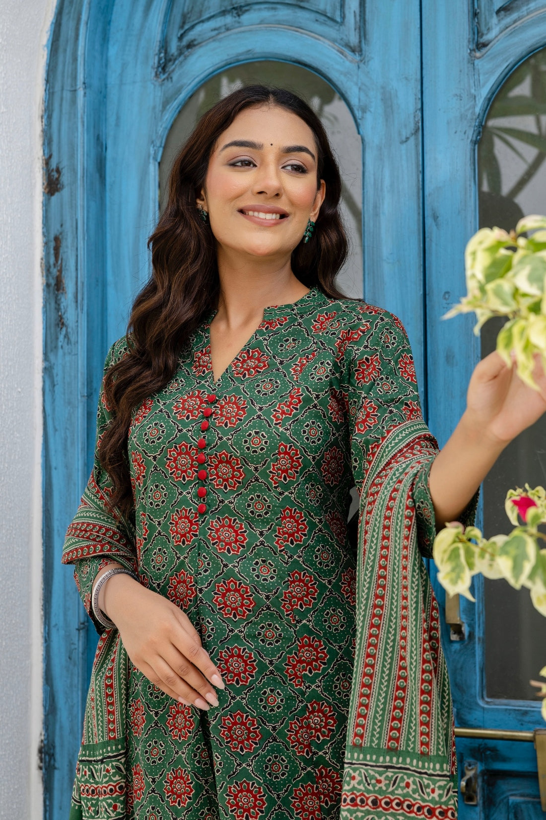 Green Ajrakh Print A-line Suit set with Trousers and Dupatta