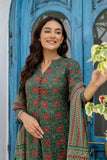 Green Ajrakh Print A-line Suit set with Trousers and Dupatta