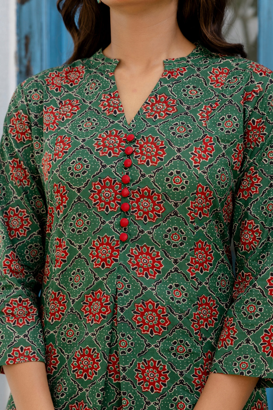 Green Ajrakh Print A-line Suit set with Trousers and Dupatta