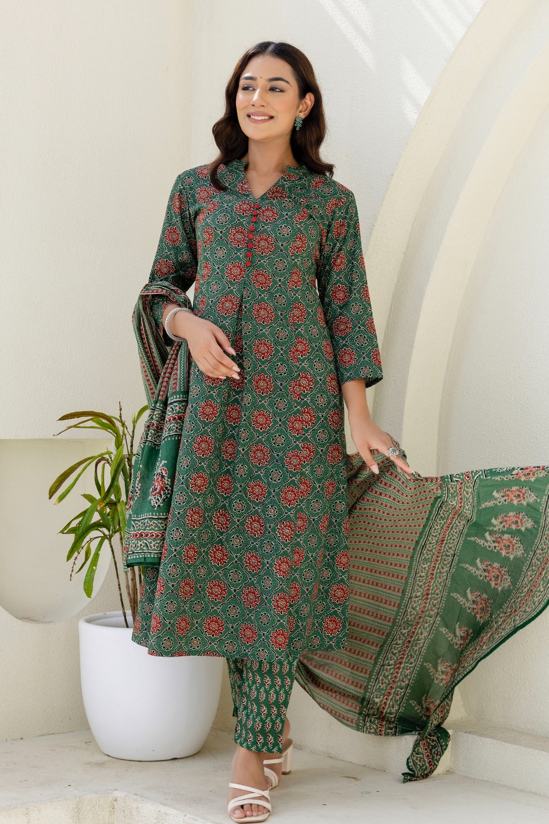 Green Ajrakh Print A-line Suit set with Trousers and Dupatta