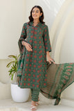 Green Ajrakh Print A-line Suit set with Trousers and Dupatta