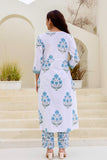 White and Blue Yoke Design A-line Kurta Set with Trousers and Dupatta