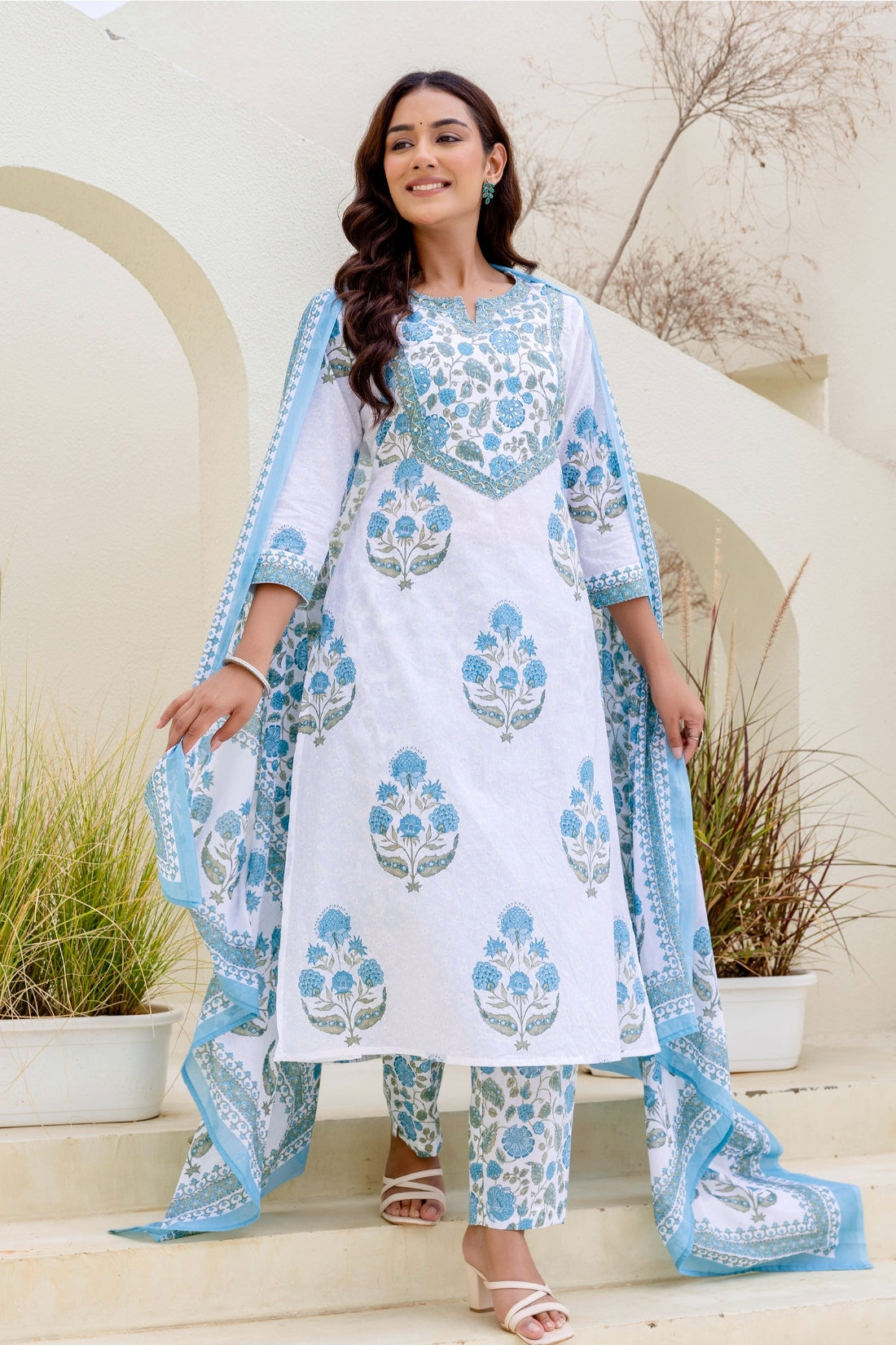 White and Blue Yoke Design A-line Kurta Set with Trousers and Dupatta