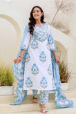 White and Blue Yoke Design A-line Kurta Set with Trousers and Dupatta