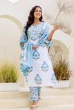 White and Blue Yoke Design A-line Kurta Set with Trousers and Dupatta