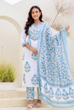 White and Blue Yoke Design A-line Kurta Set with Trousers and Dupatta