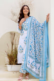 White and Blue Yoke Design A-line Kurta Set with Trousers and Dupatta