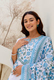 White and Blue Yoke Design A-line Kurta Set with Trousers and Dupatta