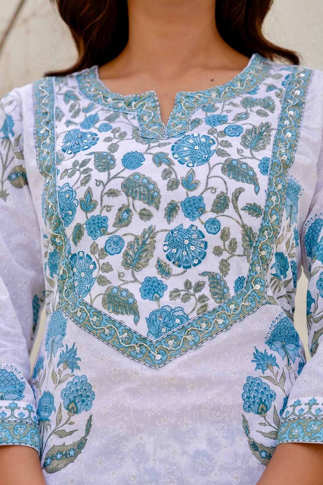 White and Blue Yoke Design A-line Kurta Set with Trousers and Dupatta