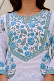 White and Blue Yoke Design A-line Kurta Set with Trousers and Dupatta