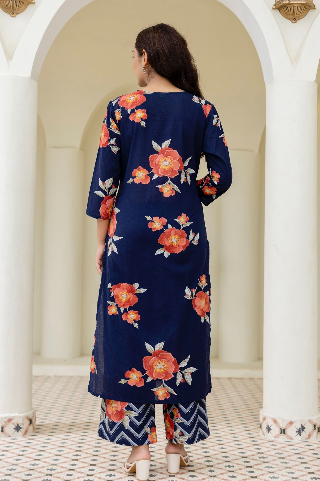 Navy Blue Floral Print Kurta Set with Palazzo Pants and Dupatta