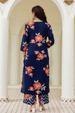 Navy Blue Floral Print Kurta Set with Palazzo Pants and Dupatta