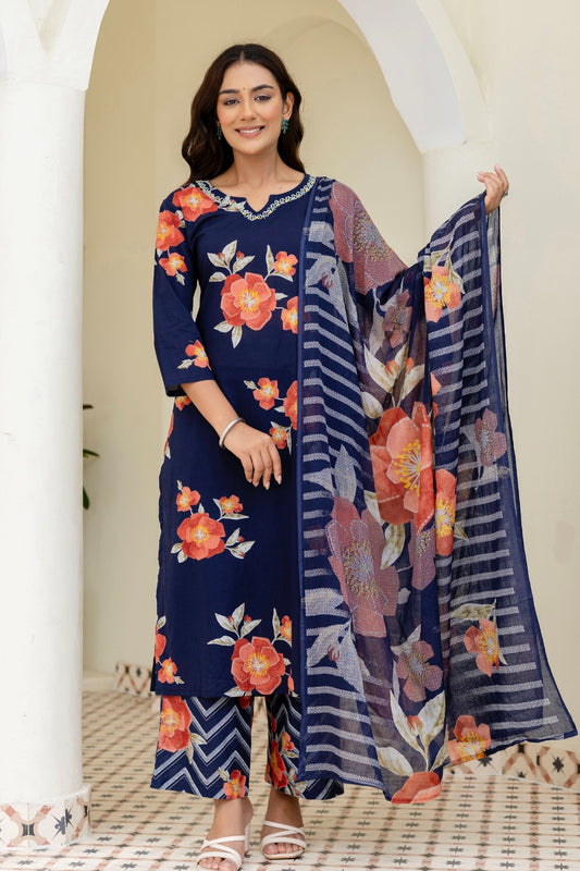 Navy Blue Floral Print Kurta Set with Palazzo Pants and Dupatta