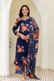 Navy Blue Floral Print Kurta Set with Palazzo Pants and Dupatta