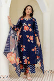 Navy Blue Floral Print Kurta Set with Palazzo Pants and Dupatta