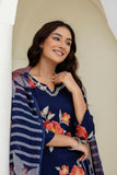 Navy Blue Floral Print Kurta Set with Palazzo Pants and Dupatta
