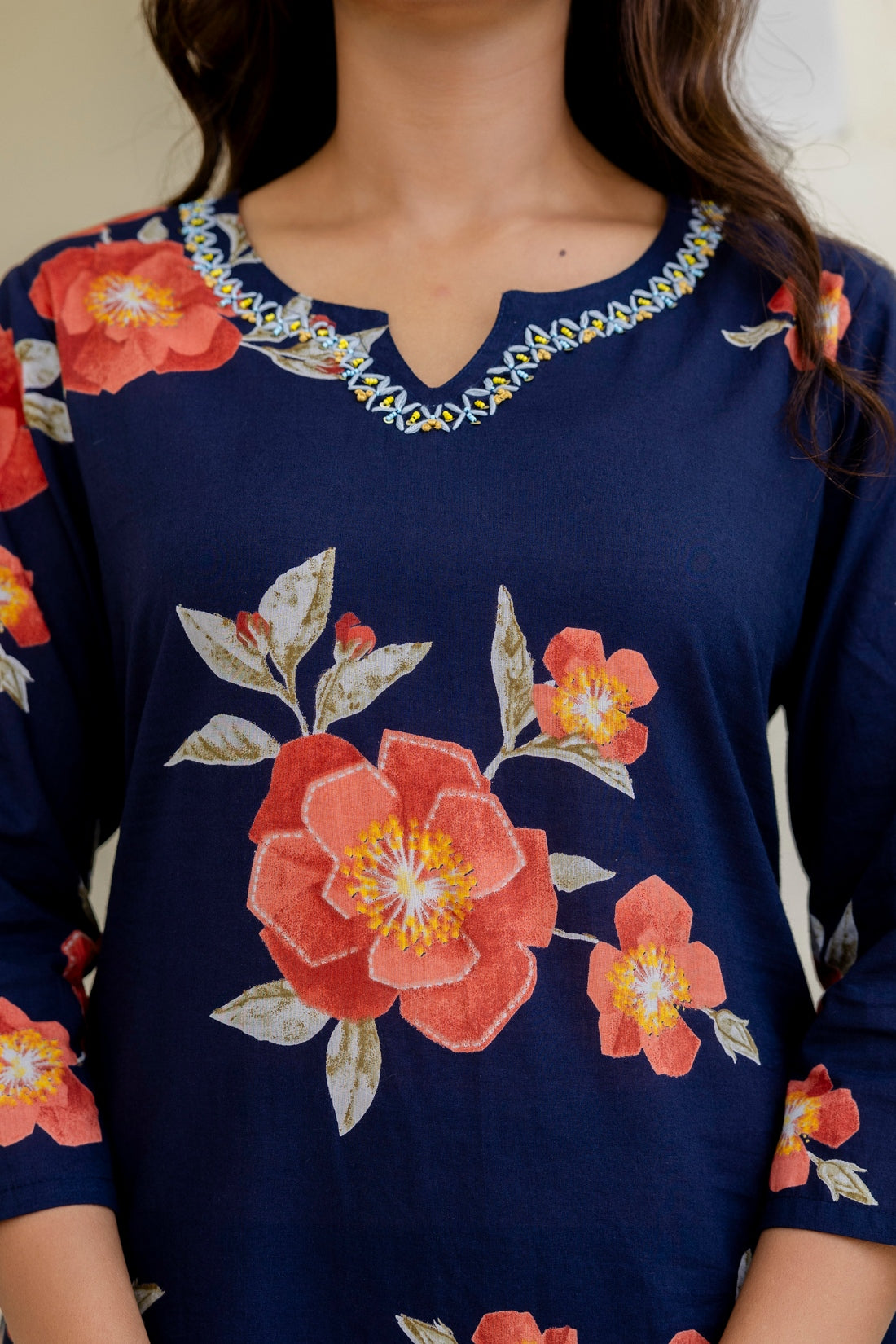 Navy Blue Floral Print Kurta Set with Palazzo Pants and Dupatta