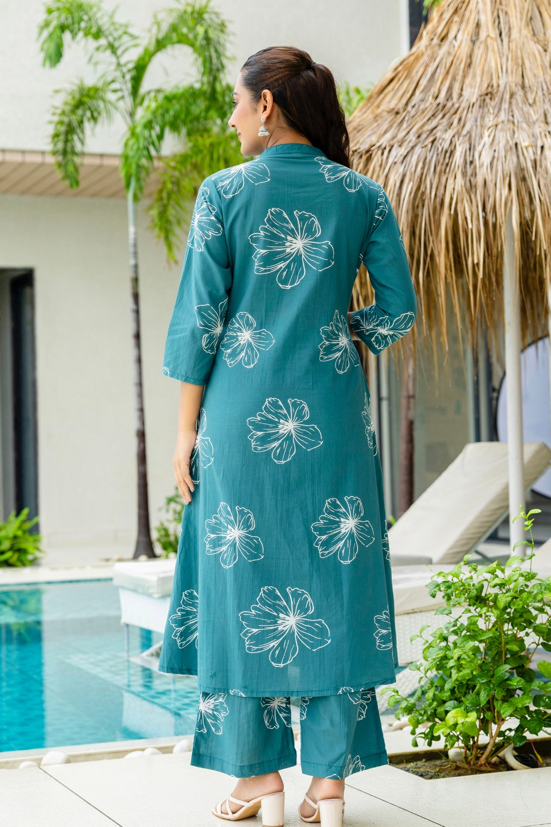 Teal Floral Print A-line Cotton Kurta Set with Palazzos