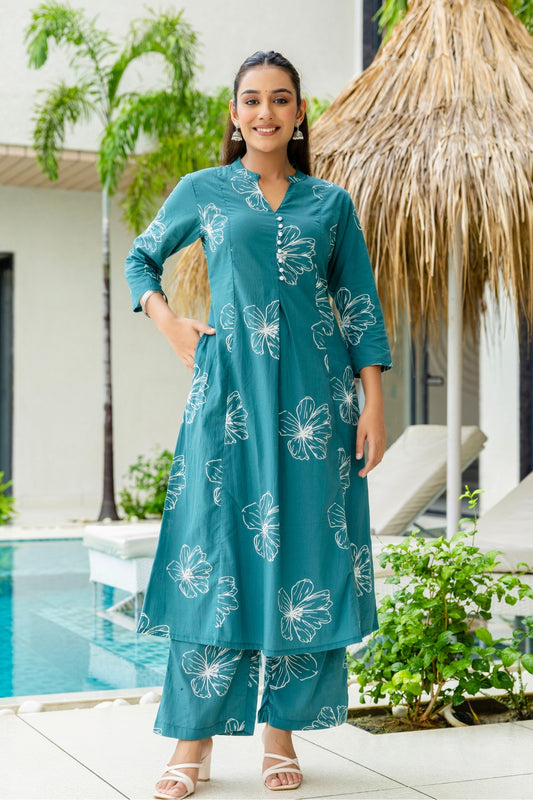 Teal Floral Print A-line Cotton Kurta Set with Palazzos