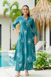 Teal Floral Print A-line Cotton Kurta Set with Palazzos