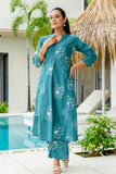 Teal Floral Print A-line Cotton Kurta Set with Palazzos