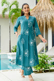 Teal Floral Print A-line Cotton Kurta Set with Palazzos