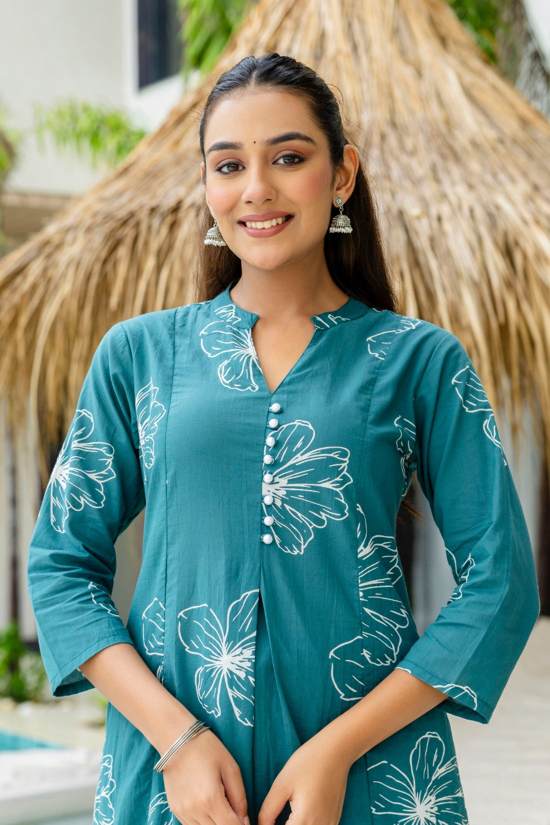 Teal Floral Print A-line Cotton Kurta Set with Palazzos