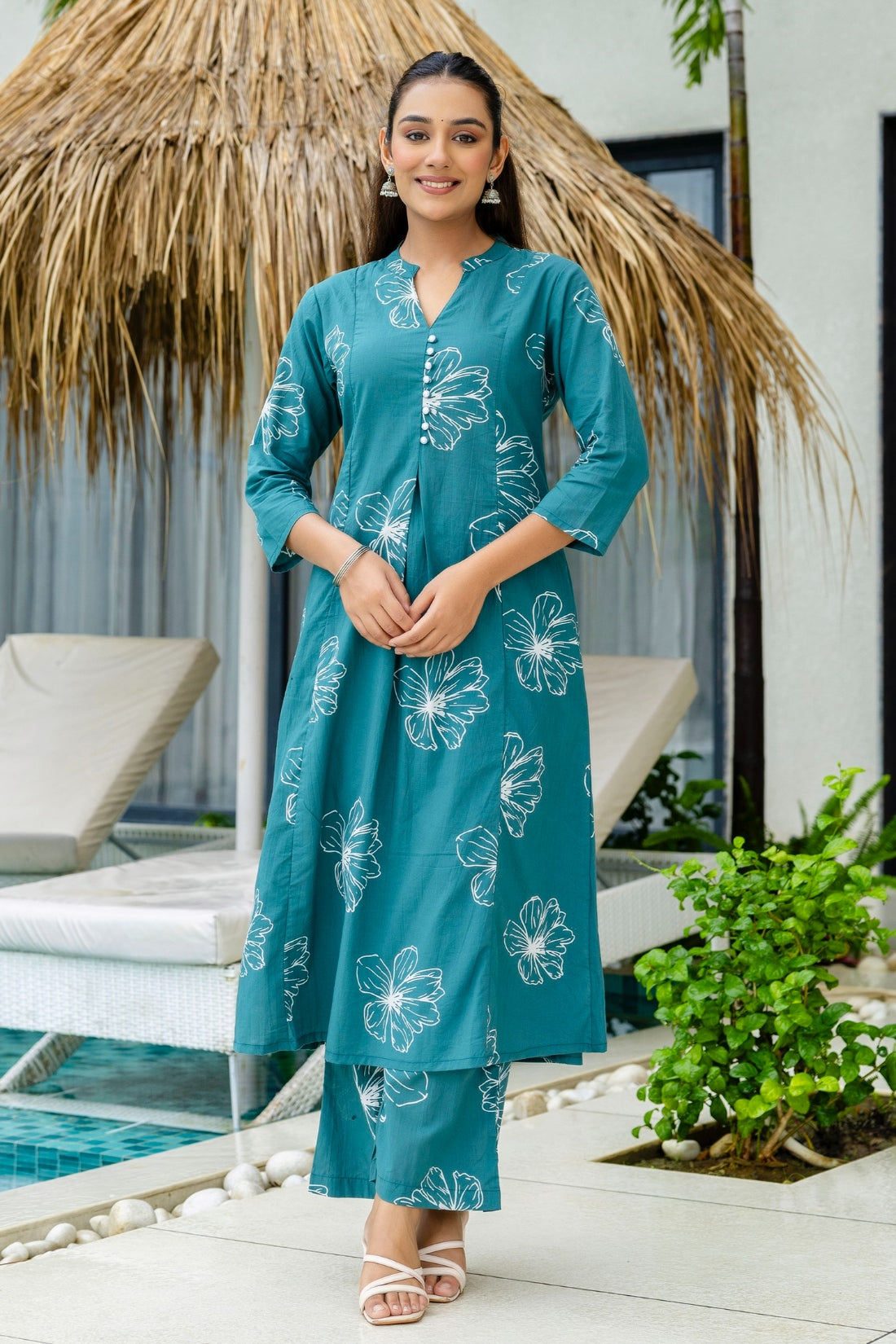 Teal Floral Print A-line Cotton Kurta Set with Palazzos