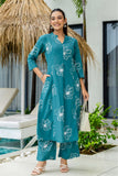 Teal Floral Print A-line Cotton Kurta Set with Palazzos