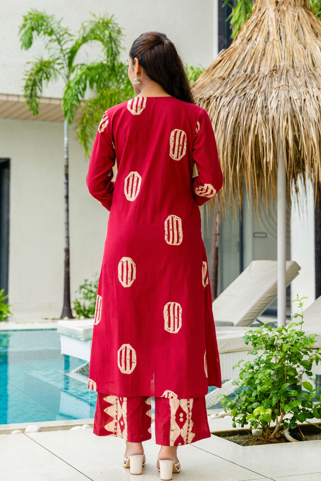 Red Motif Print A-line Suit Set with Palazzo Pants and Dupatta