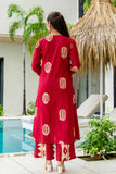 Red Motif Print A-line Suit Set with Palazzo Pants and Dupatta