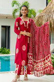 Red Motif Print A-line Suit Set with Palazzo Pants and Dupatta