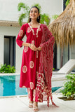 Red Motif Print A-line Suit Set with Palazzo Pants and Dupatta