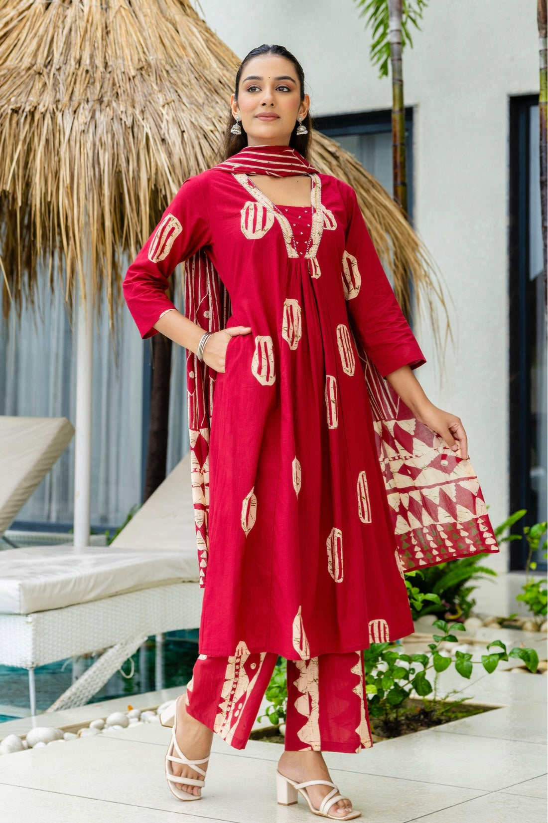 Red Motif Print A-line Suit Set with Palazzo Pants and Dupatta