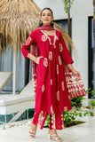 Red Motif Print A-line Suit Set with Palazzo Pants and Dupatta