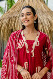 Red Motif Print A-line Suit Set with Palazzo Pants and Dupatta