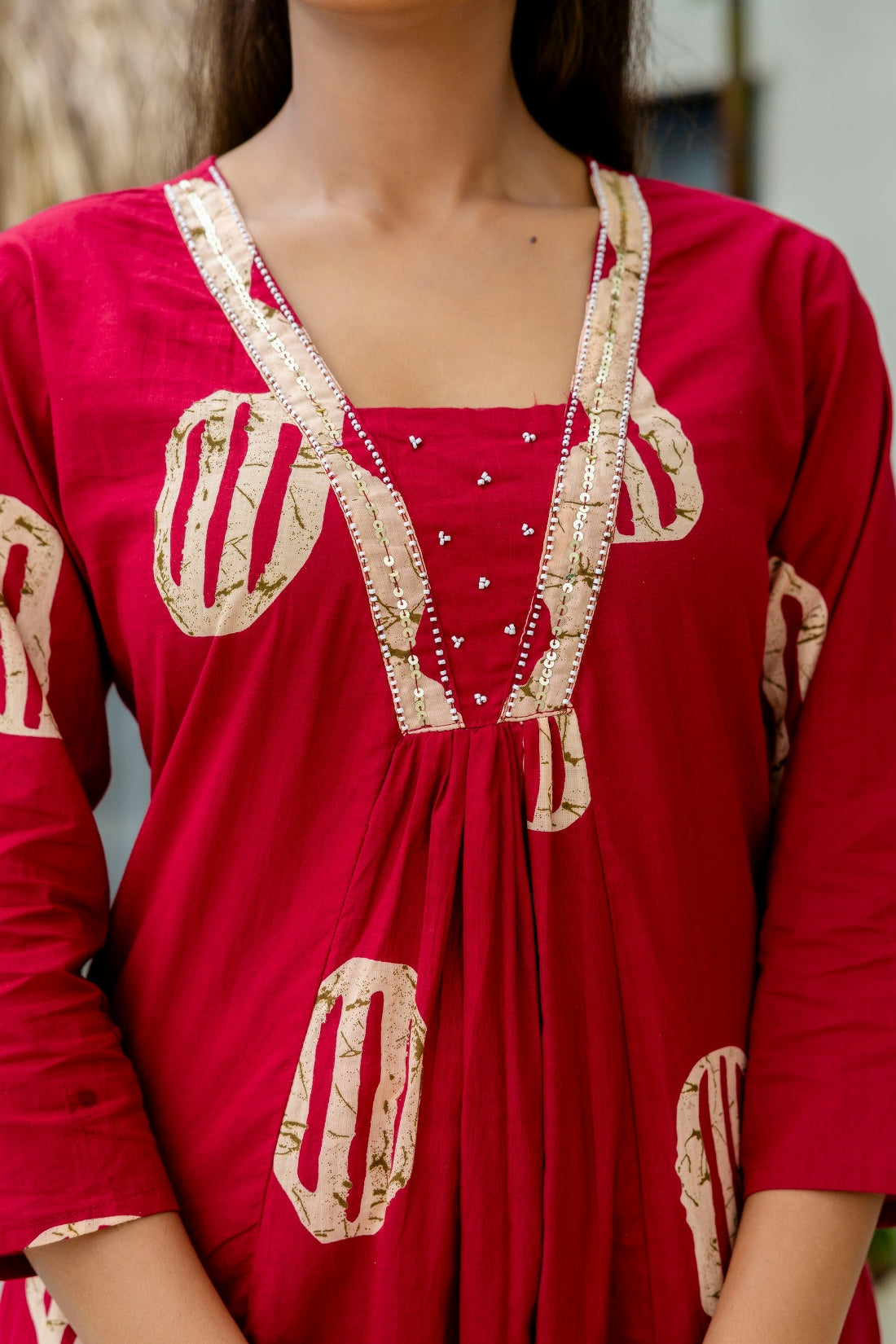 Red Motif Print A-line Suit Set with Palazzo Pants and Dupatta