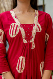 Red Motif Print A-line Suit Set with Palazzo Pants and Dupatta