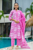 Bright Pink Cotton Kurta Set with Trousers and Dupatta