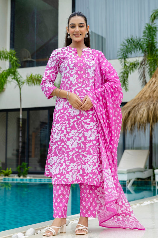 Bright Pink Cotton Kurta Set with Trousers and Dupatta