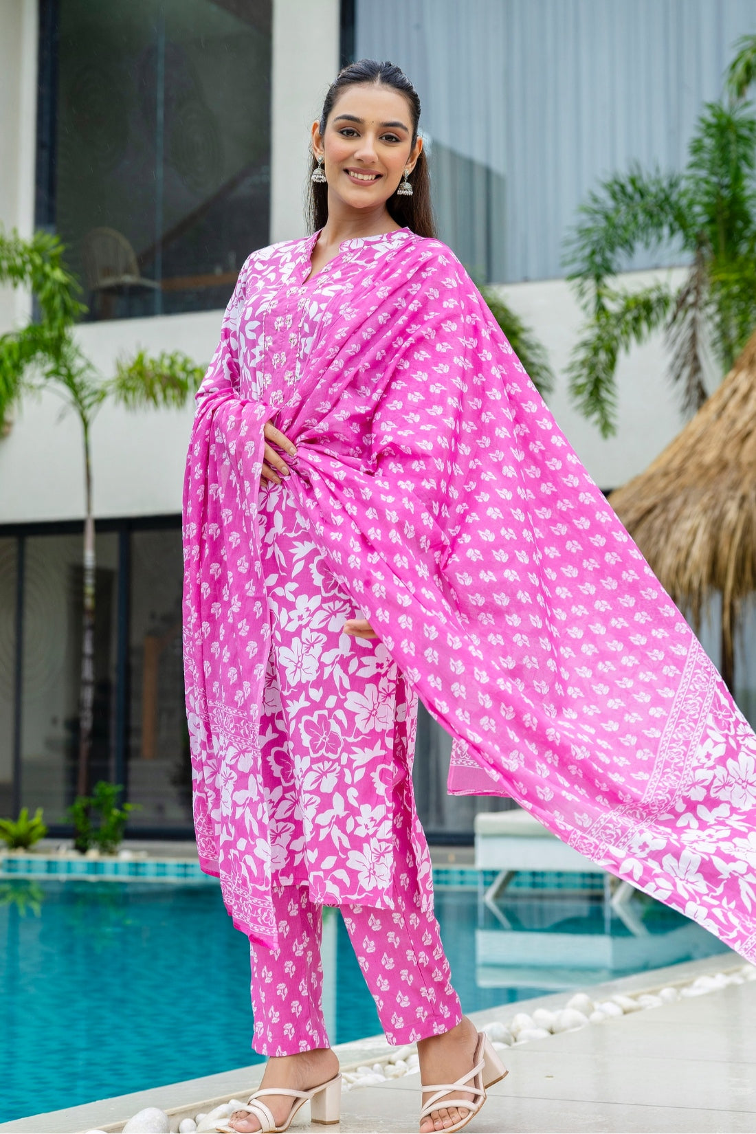 Bright Pink Cotton Kurta Set with Trousers and Dupatta