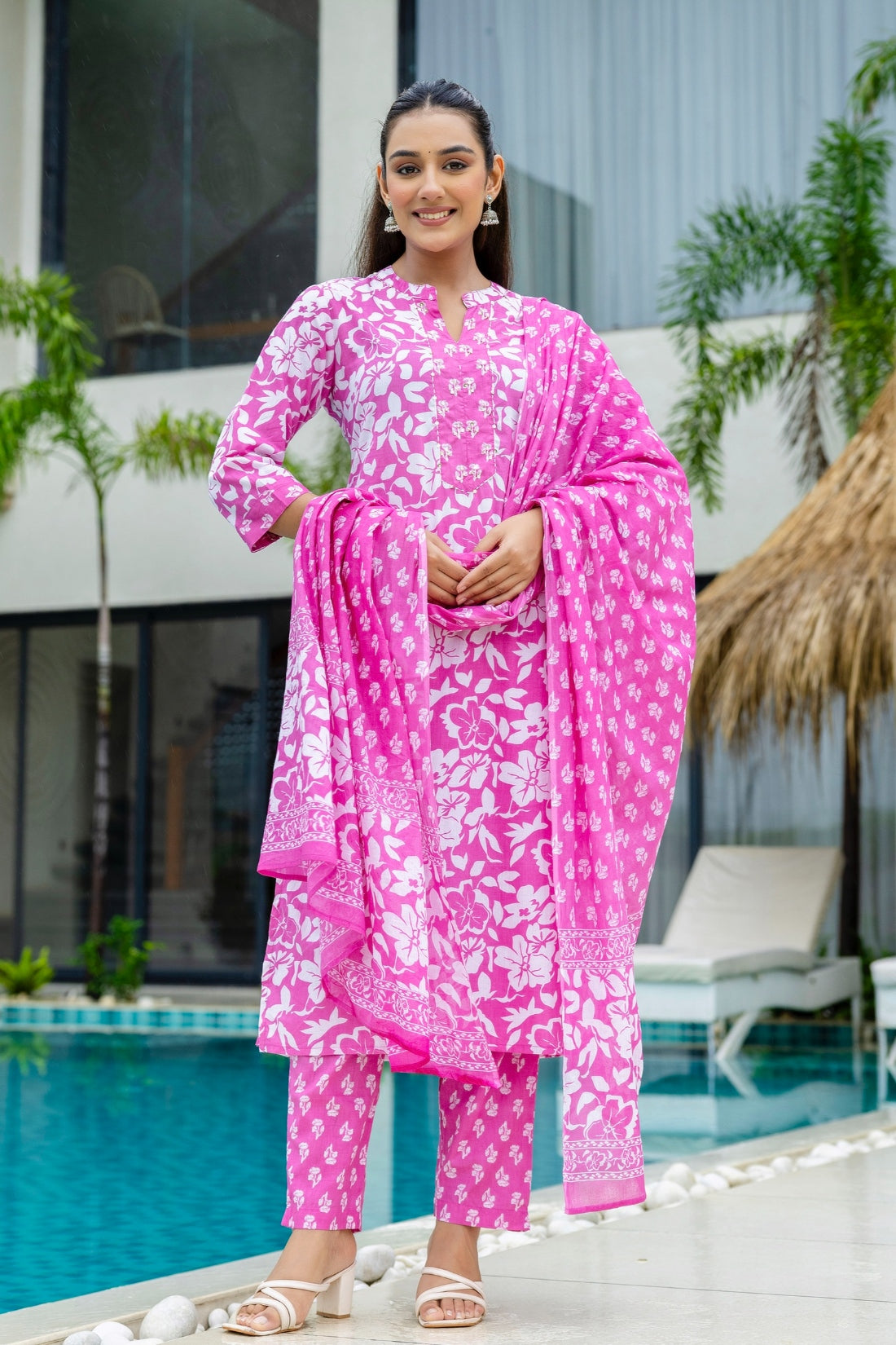 Bright Pink Cotton Kurta Set with Trousers and Dupatta