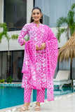 Bright Pink Cotton Kurta Set with Trousers and Dupatta