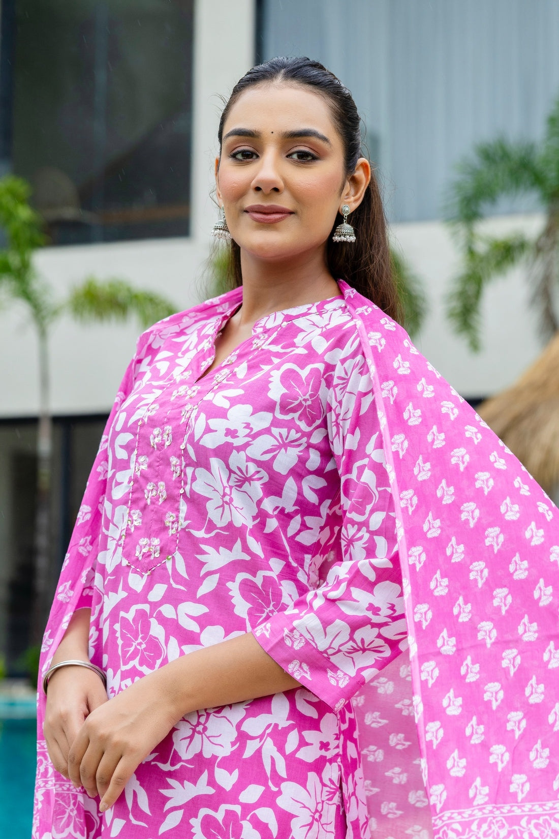 Bright Pink Cotton Kurta Set with Trousers and Dupatta