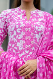 Bright Pink Cotton Kurta Set with Trousers and Dupatta