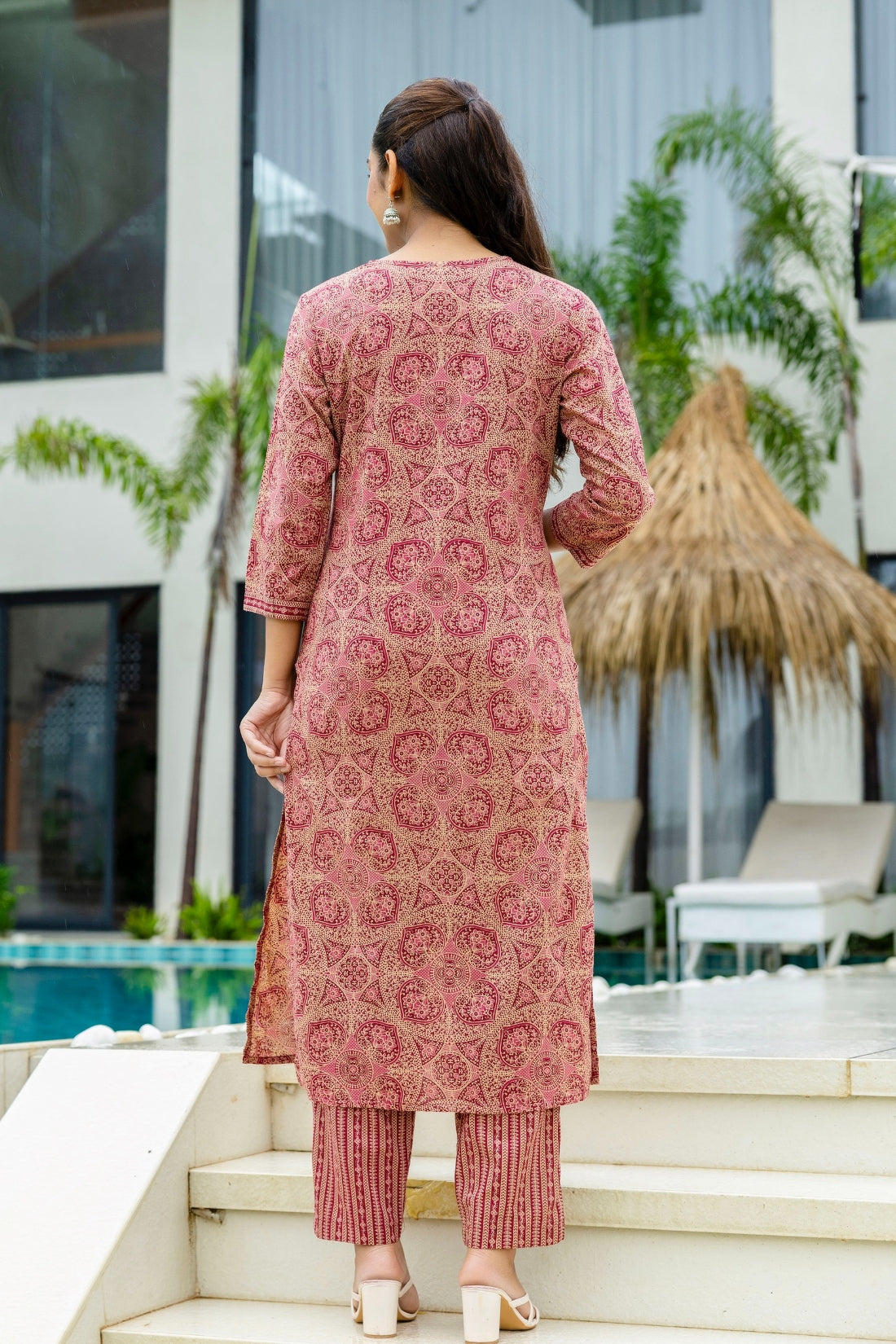 Maroon Ajrakh Print V-neck Cotton Kurta Set with Trousers and Dupatta